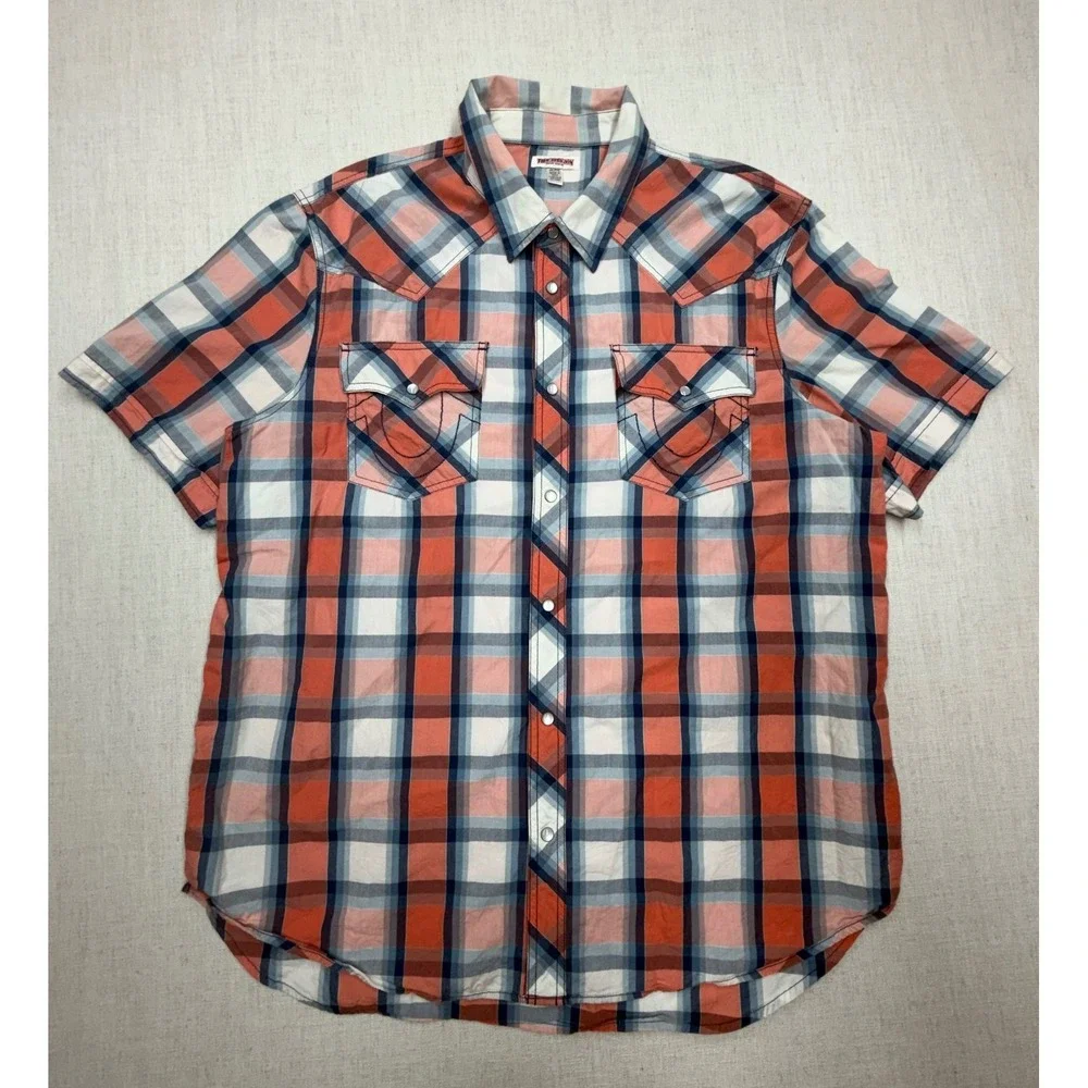 True Religion Mens 2XL Western Plaid Short Sleeve Pearl Snap Shirt Orange Blue